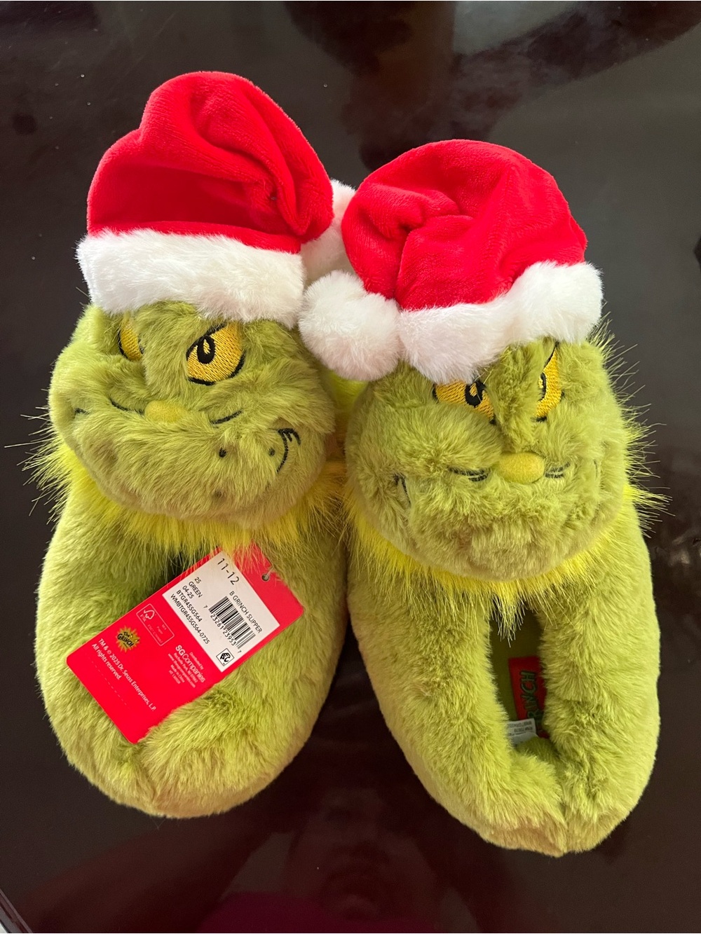 Kids Grinch Plush Slippers with Red Santa Hat - Green